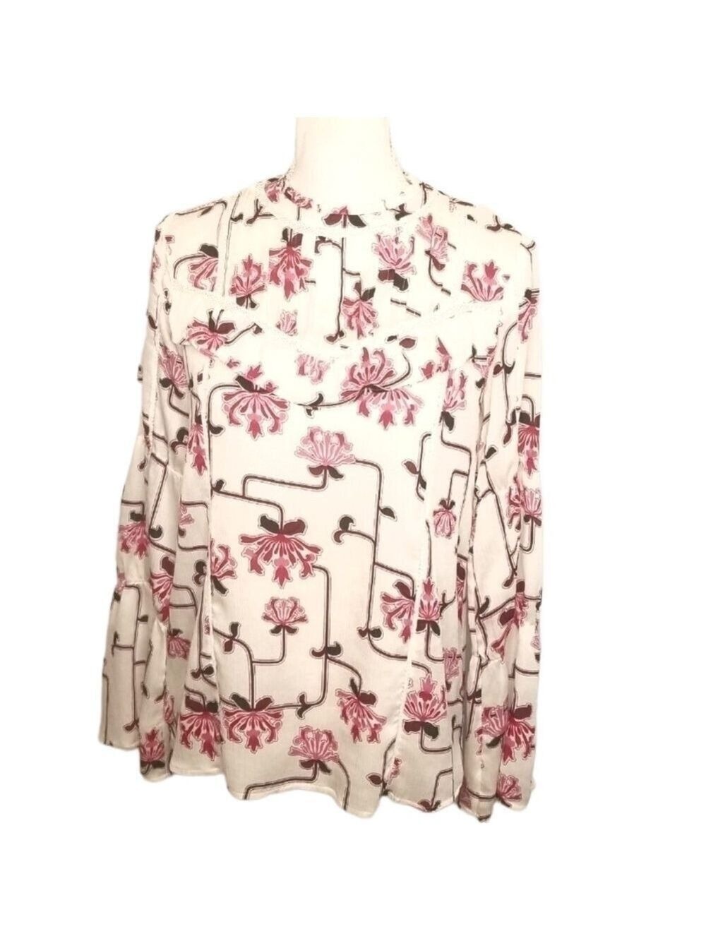 ANN Taylor blouse cream pink red XS flowy ruffle flare sleeve floral cottagecore